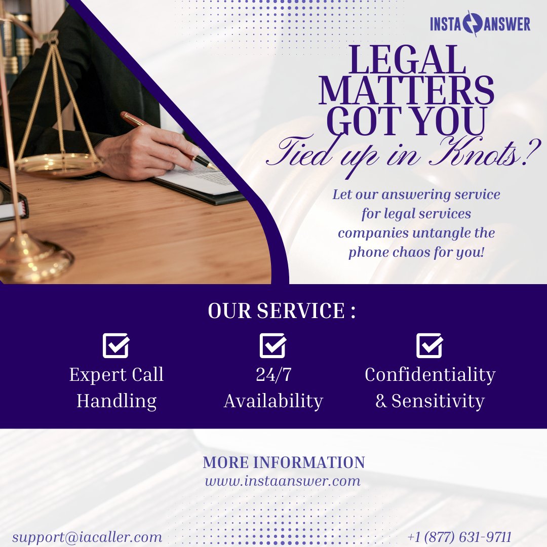 Legal jargon got you tongue-tied? Let our answering service for legal services companies be your verbal lifeline!

From client queries to consultations, we've got your back. Call (877) 631-9711 or email support@iacaller.com to put your legal matters in expert hands!

#InstaAnswer