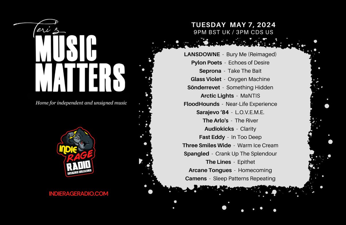 Tune in NOW @IndieRageRadio #MusicMatters 🔊indierageradio.com Enjoy the hour packed with the fantastic new music from- @TheArlos @audiokicksband #FastEddy @ThreeSmilesWide @Spangledband @thelines_music #ArcaneTongues @camensuk #NowPlaying #NewMusicAlert