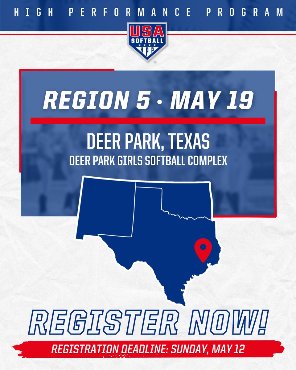 Registration closing 𝙎𝙊𝙊𝙉 ‼️ Don't forget to sign-up for the upcoming Region 5 #HPP Identifier in 𝘿𝙚𝙚𝙧 𝙋𝙖𝙧𝙠, 𝙏𝙚𝙭𝙖𝙨 📍🥎 𝗖𝗹𝗶𝗰𝗸 𝗵𝗲𝗿𝗲 » go.usasoftball.com/HPP0519 @USASoftball_Tex | #USASoftball