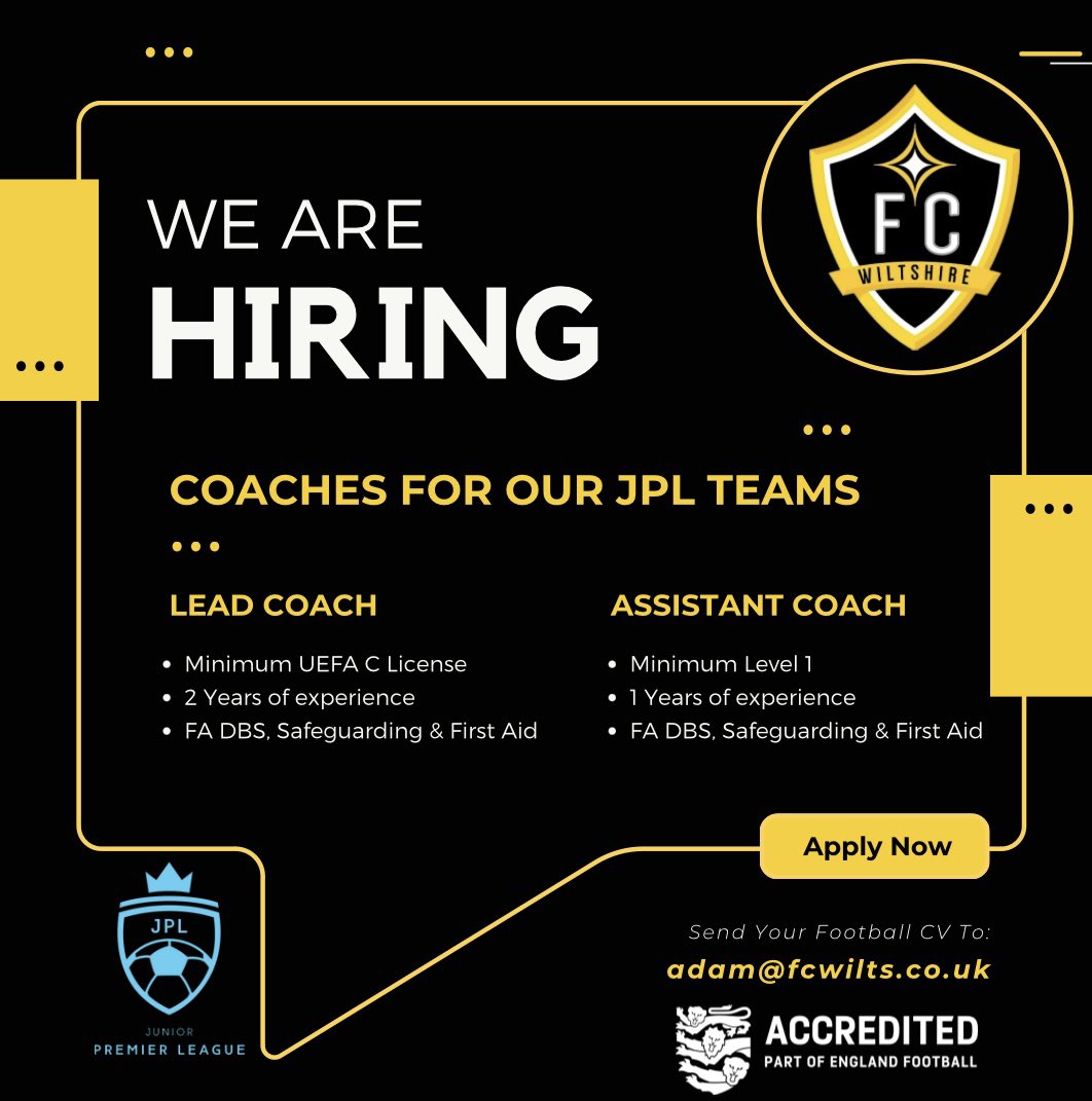 Fc Wiltshire are looking to add to our talented coaching team to apply please email adam@fcwilts.co.uk with your Football CV. Fc Wiltshire: - Coach @ Fantastic Facilities. - UEFA Coach Devloper Support - Kit Provided - Work with talented players - Affiliation with Wiltshire FA