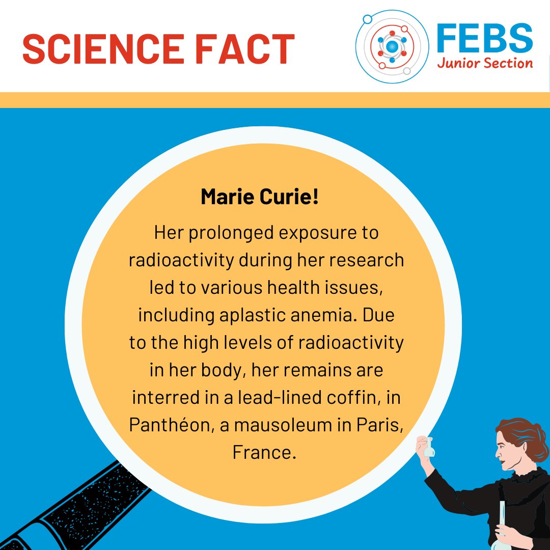 ☢ As the first woman to win a Nobel Prize and the only woman to receive two, Curie shattered gender barriers and inspired women to pursue careers in science
➡ MSCA: …sklodowska-curie-actions.ec.europa.eu/news/msca-anno…
#sciencefact #quizzseries #sciencequizzes #FEBS_JS #YoungFEBS #FEBSJuniorSection