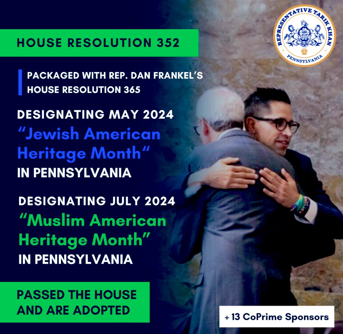 A beautiful moment in the PA house!! Our chamber passed and adopted a package of two resolutions: “May 2024 as Jewish American Heritage Month in PA” and “July 2024 as Muslim American Heritage Month.” So great to embrace moments that bring our communities closer together.