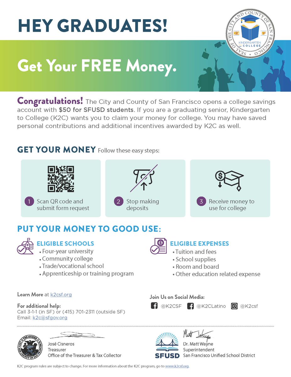 Graduating from an @SFUnified school in the class of 2024? It’s time to claim your money! San Francisco's Kindergarten to College program opened a college savings account with $50 for you to continue your education. Claim YOUR money today at sfgov.org/k2c/graduating…