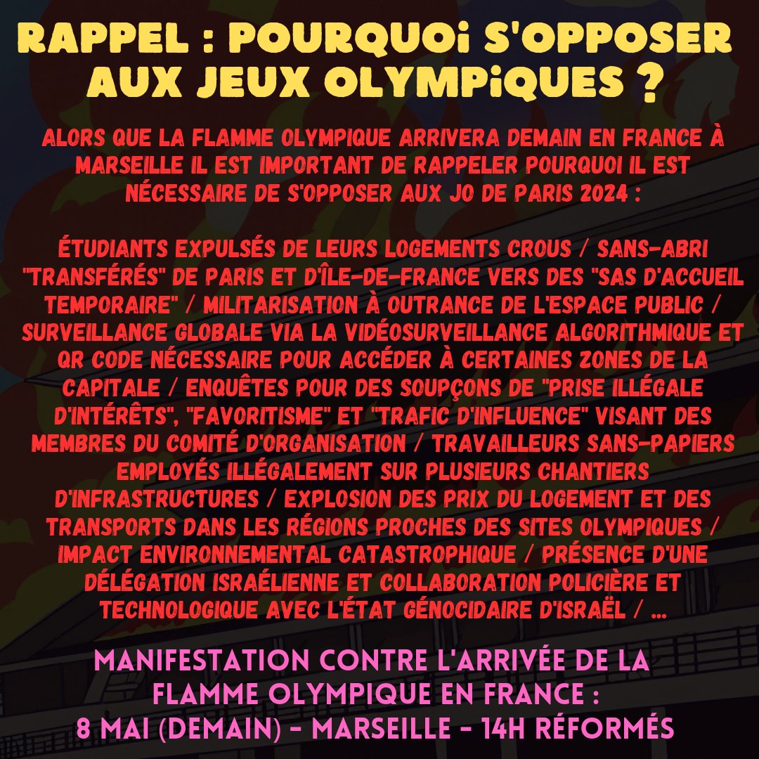 🔴Rappel : pourquoi s'opposer aux #JeuxOlympiques de #Paris2024 ?

Liste non exhaustive sur le visuel 

➡️Manifestation contre l'arrivée de la #FlammeOlympique en #France :
8 mai (demain) #Marseille 14h Réformés

#JOduZbeul #SabotonsLaFlamme
#JOParis2024 #JO2024 #JOP2024