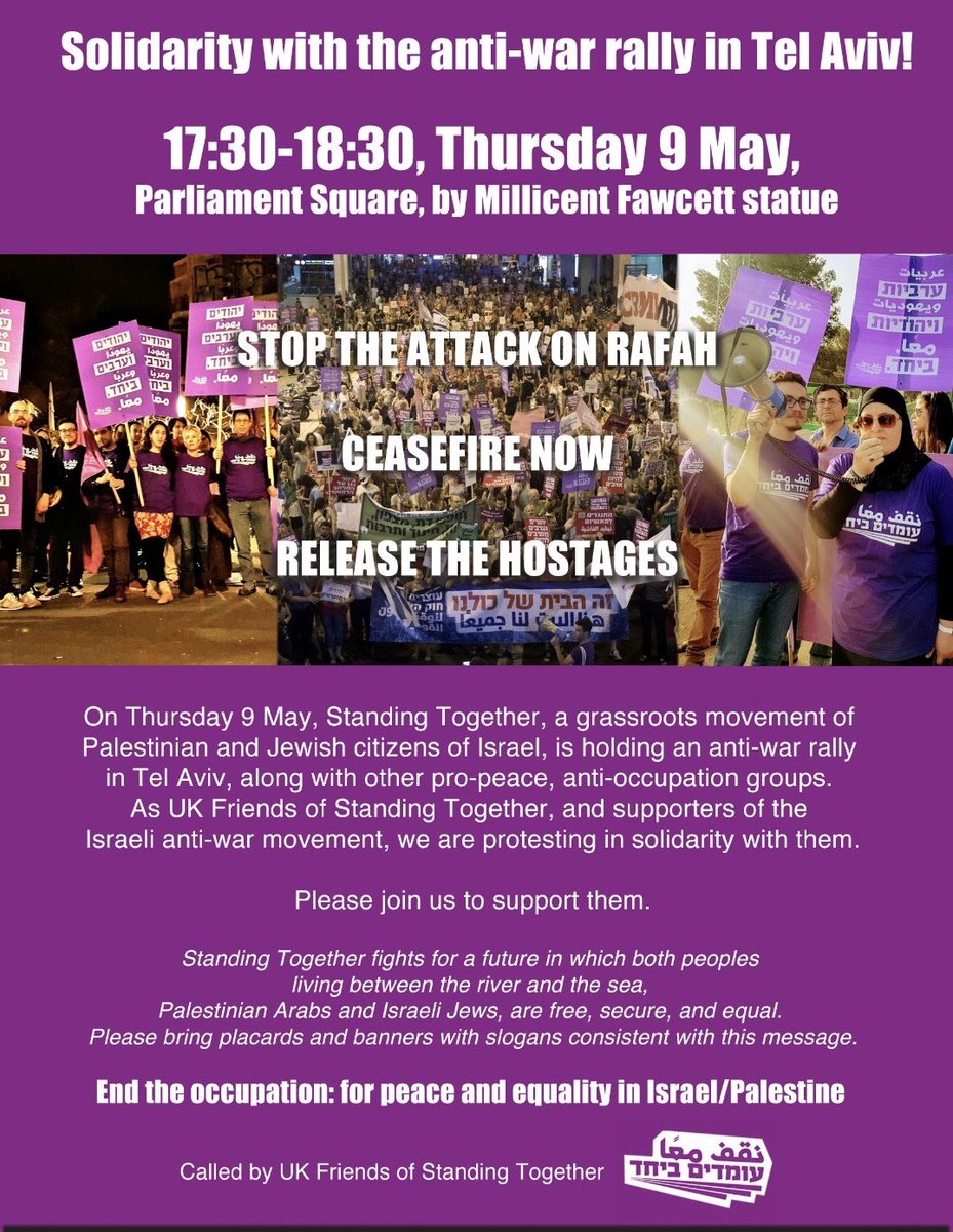 ๐ฃ UK Friends of Standing Together ๐ฃ (@uk_fost) on Twitter photo On Thursday evening <a href="/omdimbeyachad/">ืขืืืืื ืืืื ููู ู
ุนูุง Standing Together๐ฃ</a> will rally against the war in Tel Aviv.
At the same time, UK Friends of Standing Together will rally in central London in solidarity with their call.
JOIN US at 5:30pm in Parliament Square and spread the word! On Thursday evening <a href="/omdimbeyachad/">ืขืืืืื ืืืื ููู ู
ุนูุง Standing Together๐ฃ</a> will rally against the war in Tel Aviv.
At the same time, UK Friends of Standing Together will rally in central London in solidarity with their call.
JOIN US at 5:30pm in Parliament Square and spread the word!