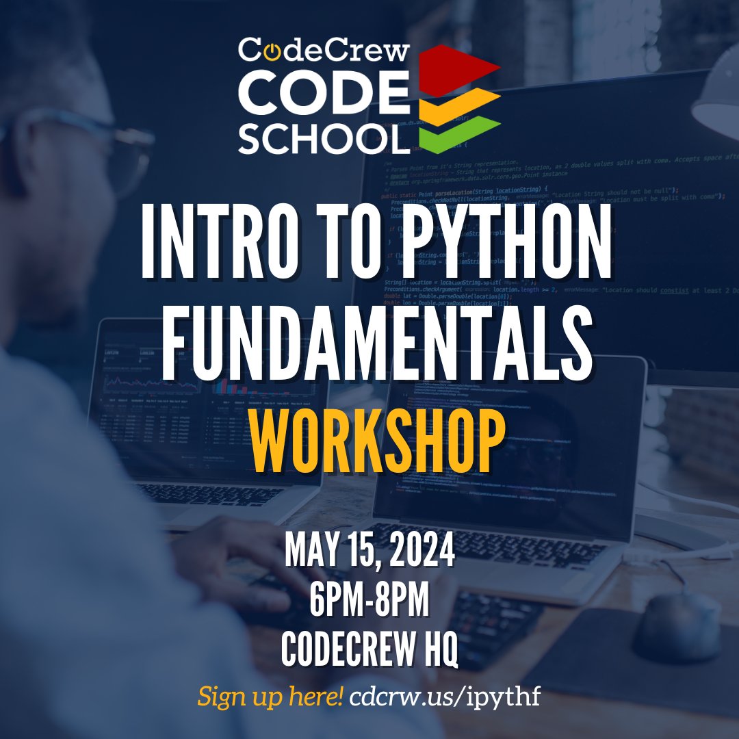 Ready to unwrap the mystery of #Python Fundamentals with CodeCrew Code School? Join us next week to dive into the world of variables, data types, loops, and functions. The learning journey you've been waiting for is here. #CodeSchool #tech RSVP here! cdcrw.us/ipythf