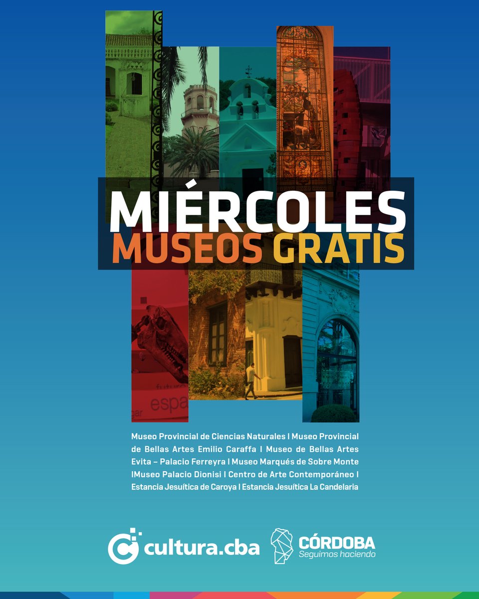 AgCbaCultura's tweet photo. 😀Hoy es miércoles de #MuseosGratis
🙋🏻♂️Te invitamos a recorrer nuestros museos con entrada libre y gratuita, todos los días miércoles
🚶🏼♀️Armá tu recorrido para visitar estos museos:
¡Te esperamos! 🤩
@gobdecordoba
@raulsansica https://t.co/1o7pPqht0E