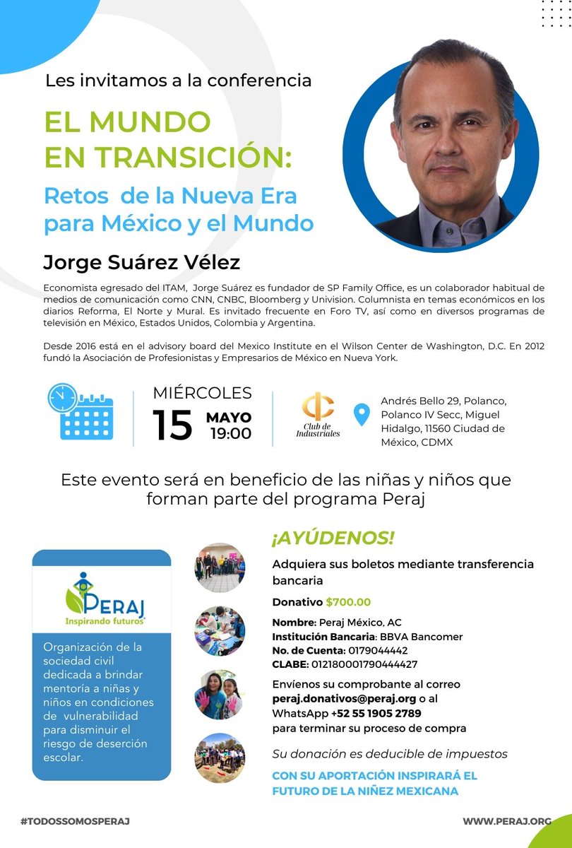 No se pierdan la #conferencia del #Economista Jorge Suárez sobre "El Mundo en Transición: Retos de la Nueva Era para México y el Mundo".

🌟 Será el miércoles 15 de mayo en el #ClubdeIndustriales. ¡Conozcamos los desafíos  esta nueva era! ¡Reserva tu lugar ahora! 📈🌍