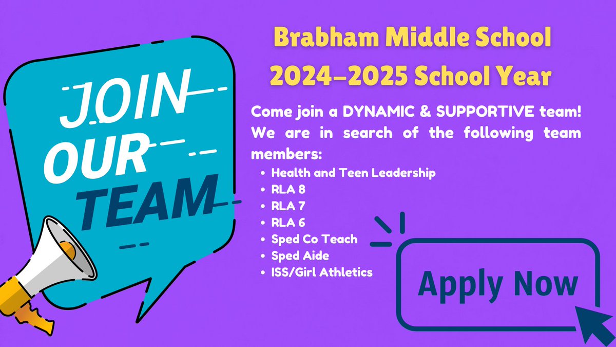 🌟Join our dynamic and supportive team at Brabham Middle School! 🍎 We are hiring passionate educators who are dedicated to making a difference in students' lives. Apply now and be a part of our amazing school community! #EducationJobs📚 #JoinOurTeam @kella_price @WillisSchools