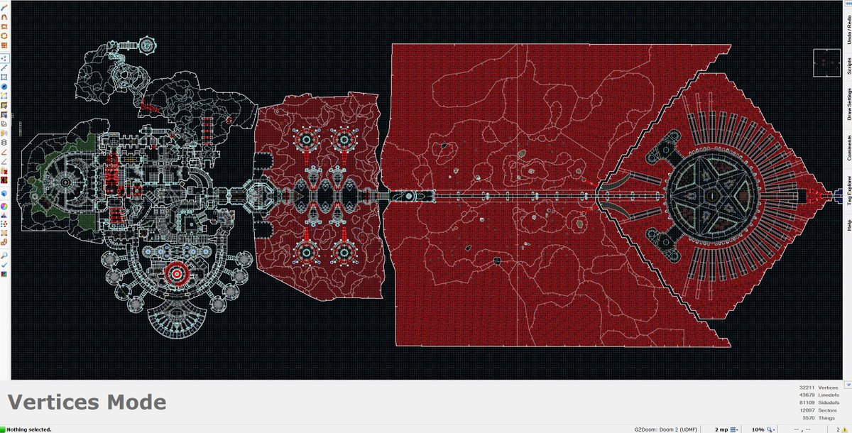 I removed a couple thousand linedefs from this monster so that the parts that were a bit sluggish run much better. 

Sad for the detail loss but seems like 44k ish is where the map starts to lose its crap.

#doom #gzdoom #leveldesign