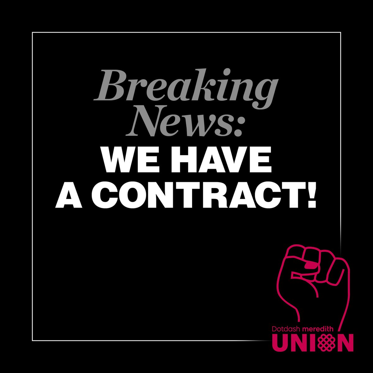Yesterday, @dotdashmeredith editorial workers @People, People video, @EW and @marthaliving UNANIMOUSLY voted YES to ratify their contract. Many thanks go to our talented pals @nyguild. And congrats to our union siblings @condeunion —thanks for the inspo and support!