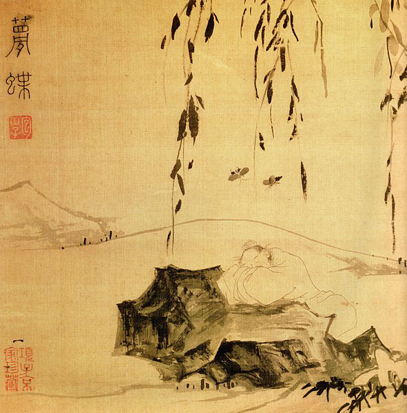 Zhuang Zi (Chuang Tzu) is associated with more whimsical, philosophical Taoism.  This painting refers to his writing where he dreamed he was a butterfly, but upon awakening, pondered if he was a butterfly dreaming he was Zhuang Zi.