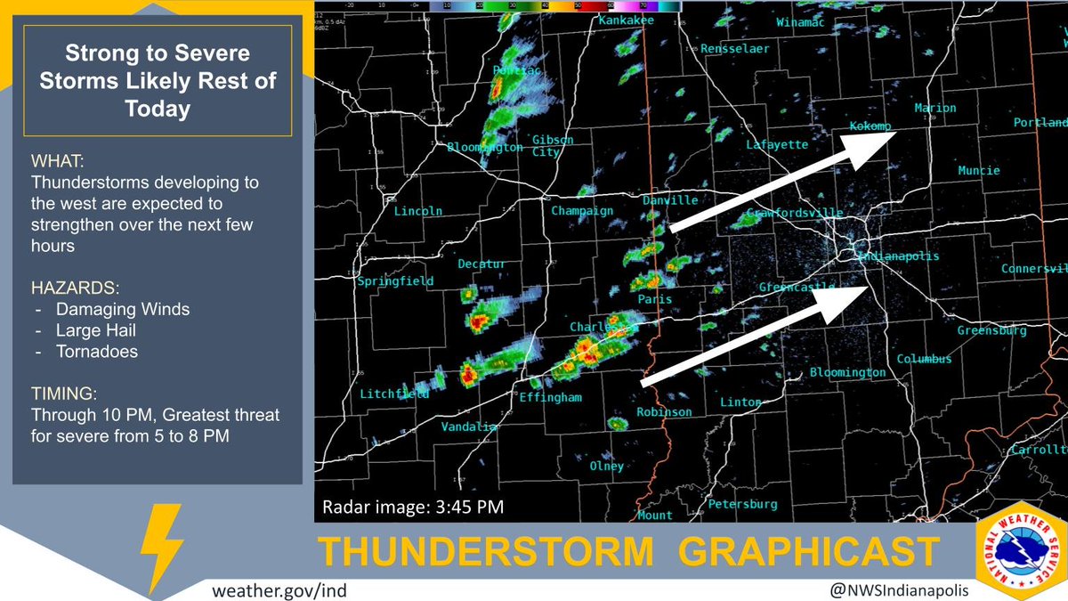 NWSIndianapolis's tweet photo. Storms are starting to develop to the west which are expected to strengthen over the next few hours. All hazards will be possible so plan where to take shelter if a warning is issued for your area. #INwx https://t.co/ugChAMZ19l