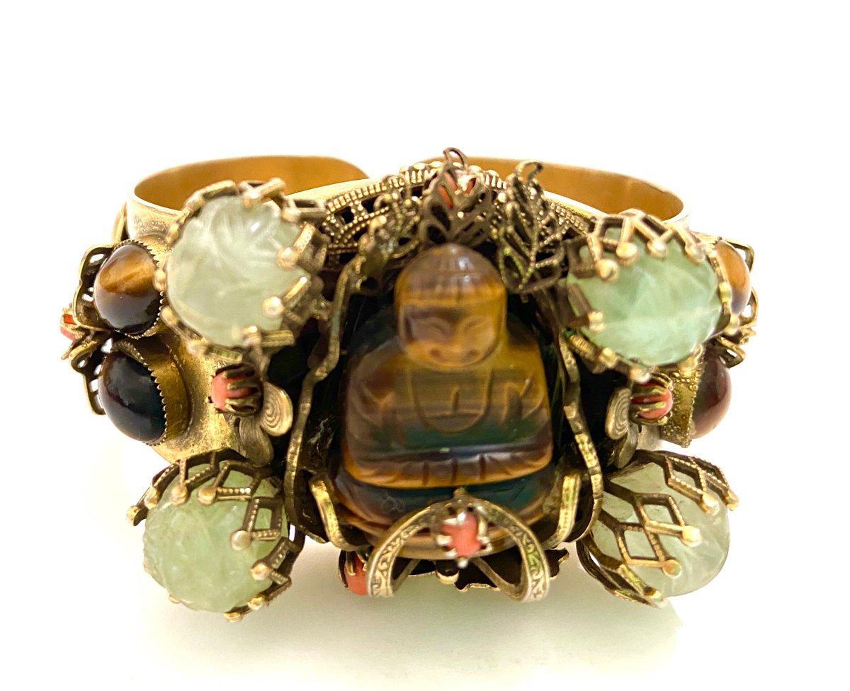 Sandor (Unsigned) Buddha Bangle Flying Dragons Tiger’s Eye Buddha Carved Quartz Spheres Hinged Bangle Vintage Gift #AsianInfluence #SandorBuddhaBangle $955.00 ➤ etsy.com/listing/146060…