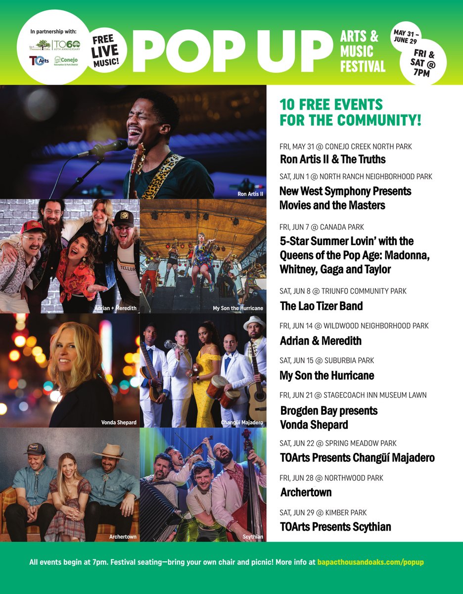 The Pop Up Arts & Music Festival is back with 10 free events for the community this June! As the name suggests, the festival will feature “pop-up” public performances and activities at a variety of locations throughout Thousand Oaks. Find more info at bapacthousandoaks.com/popup