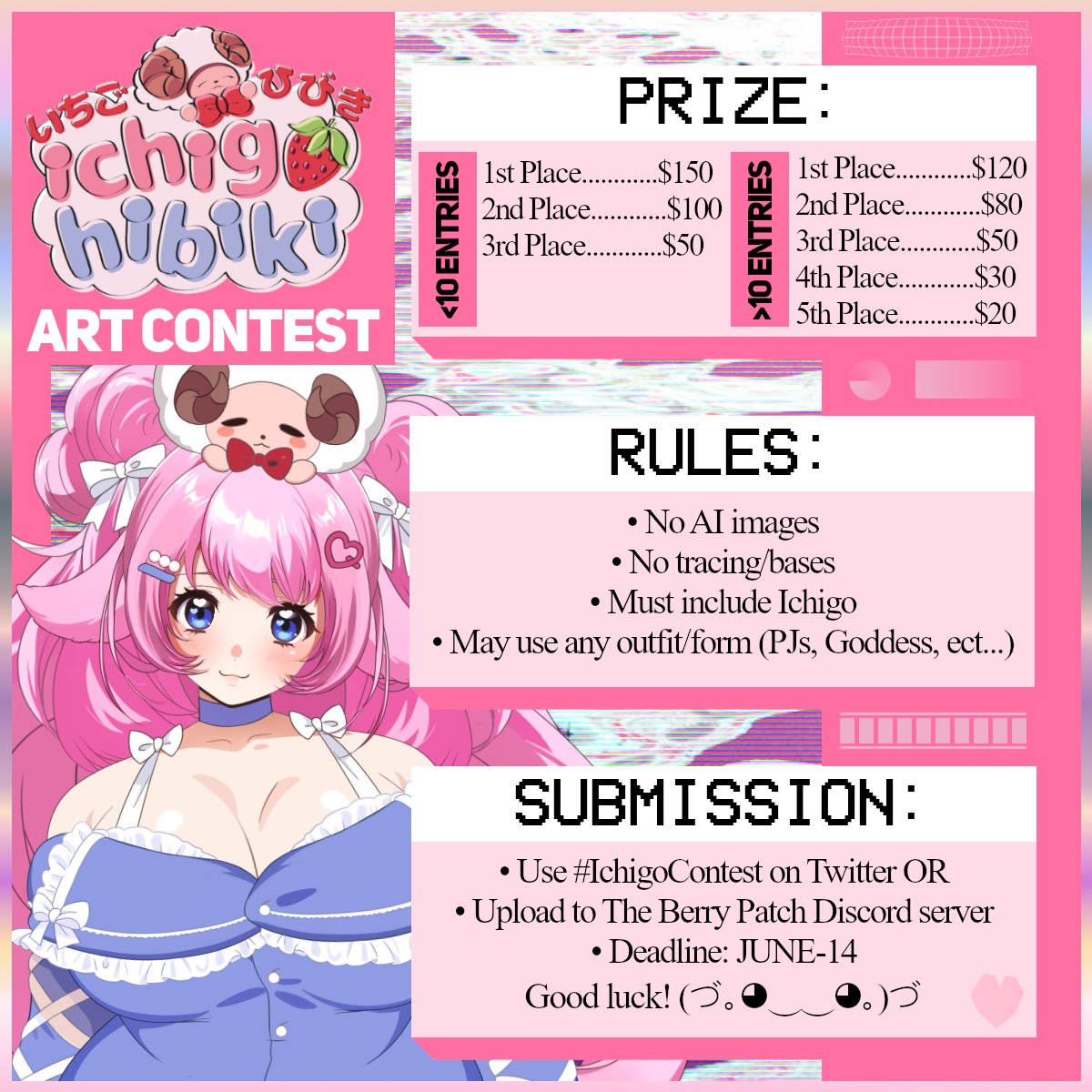 Since my 2.0 debut is soon why not host a $300 art contest for you cuties!!

🍓Please make sure to use #IchigoContest or post on the discord server to submit your art so I can admire it 😍 Lamb Mommy can't wait to see them 
*REF SHEET DOWN BELOW*
Rts are appreciated
#Vtuber