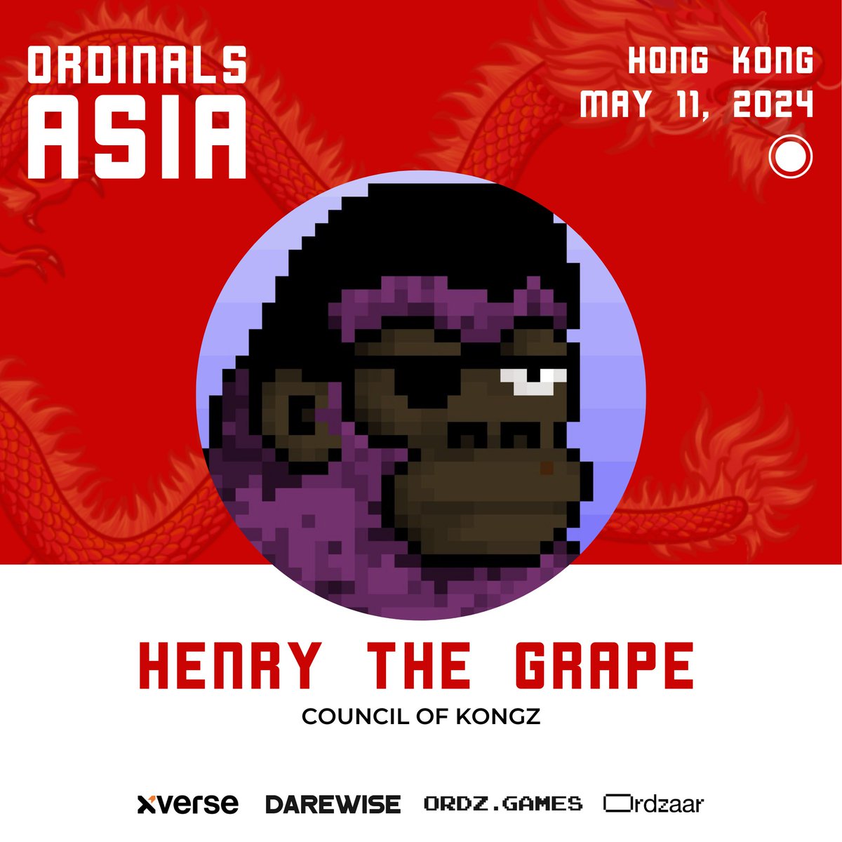 🐲SPEAKER ANNOUNCEMENT🐲 @HenryTheGrape will be speaking at @Ordinals_Asia in Hong Kong! Henry is the Council of Kongz @CyberKongz, a community-based NFT project, and the etcher of #2 Runes - DECENTRALIZED. ⚡ 🎟️Get your ticket today: lu.ma/OrdinalsAsia
