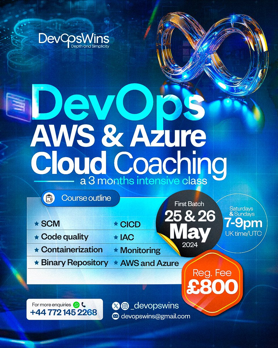 _devopswins's tweet image. DevOpsWins presents a three months intensive class on AWS &amp;amp; Azure Cloud. First batch will be running on 25th and 26th May(time:7-9pm UK time/UTC), also, this classes will hold every Saturdays and Sundays. Be a part of this  intensive class.
 See flyer for more information...