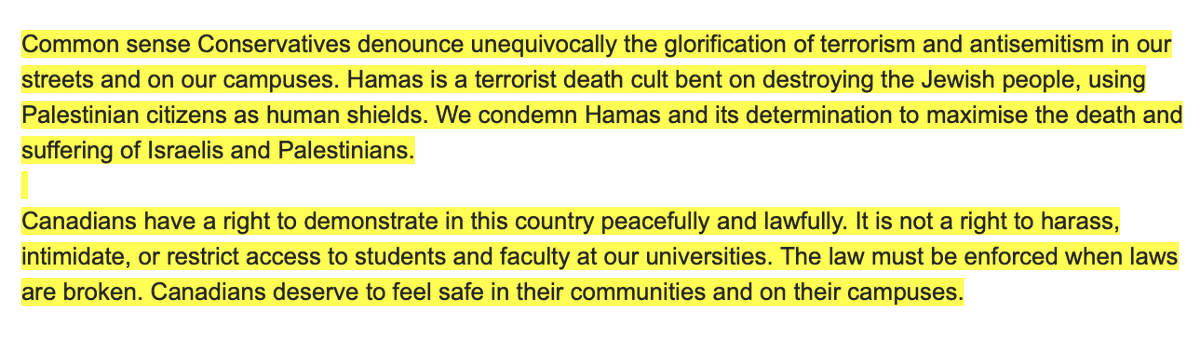 NEW: Conservative Party leader <a href="/PierrePoilievre/">Pierre Poilievre</a>'s office comments on the anti-Israel encampments occupying university campuses in a statement to <a href="/TrueNorthCentre/">truenorthcentre</a>. #cdnpoli