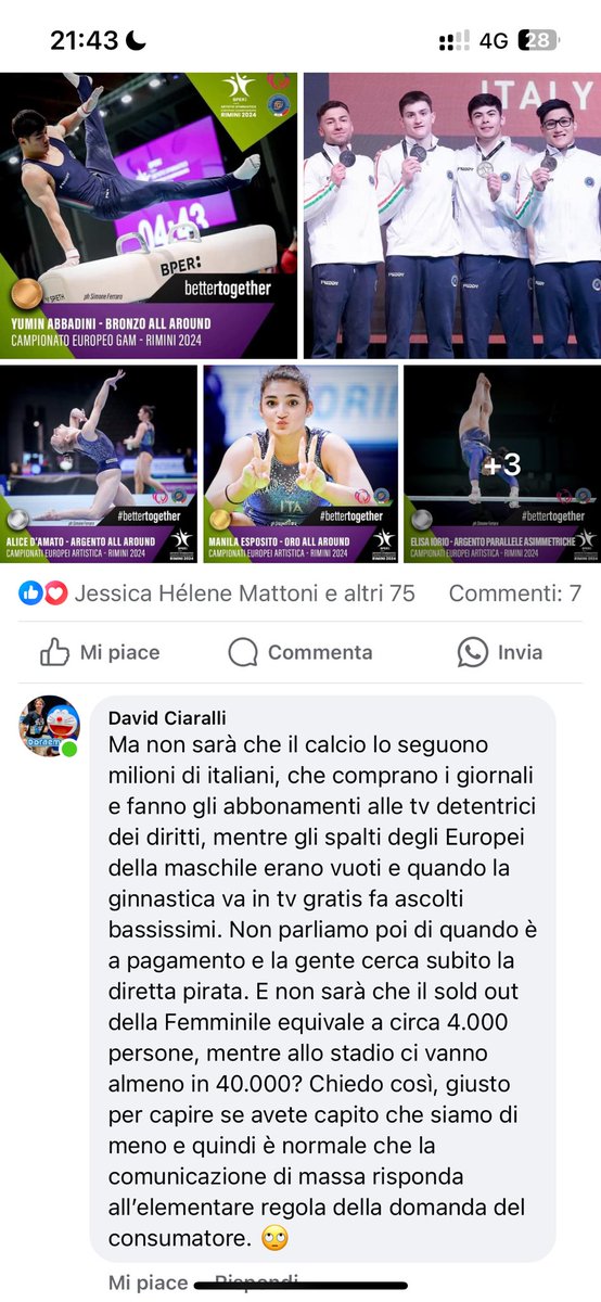 Ma forse chiediti come mai in tv fa ascolti bassi, forse il commentatore è problema? Se ci fossero stati 1000 posti in più la femminile avrebbe fatto sold out lo stesso probabilmente.
Che pena di commento da parte del responsabile della COMUNICAZIONE #fgi #italgym