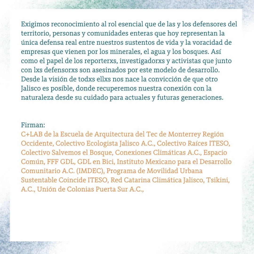 Las organizaciones y colectivos presentamos nuestro plan climático para #Jalisco.
La deforestación por agave y aguacate, los megaproyectos industriales y la violencia contra defensores son incompatibles con la acción por el clima.