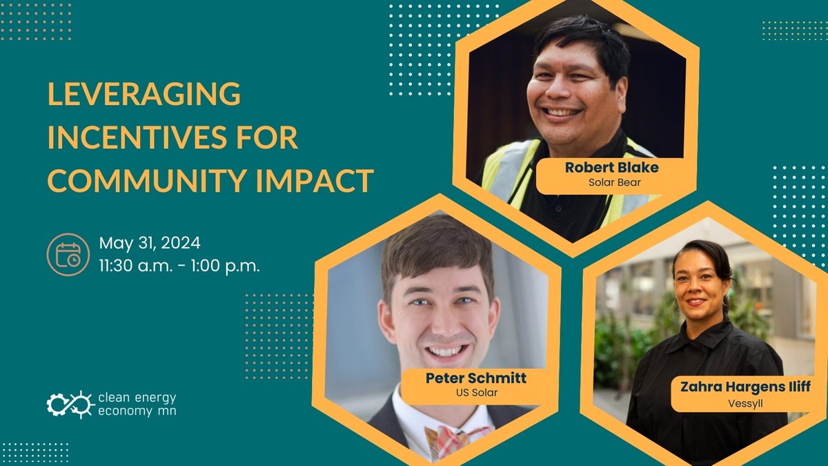 Learn from the experts! Find out how #CleanEnergy federal incentives are flowing into our local communities. Thank you to <a href="/PeterSchmitt34/">Peter Schmitt</a>, Robert Blake and Zahra Iliff for leading this important members-only conversation.

Register today: cleanenergyeconomymn.org/events/may-lun…