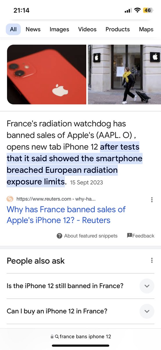 🚨🌎 France BANS iPhone12

Due to excess dangerous levels of EMF Radiation - France has banned the iPhone 12

Hey remember when the Conspiracy Theorists warned you EMF like the type found in new 5G Phones is probably dangerous……..we were right.  Again.