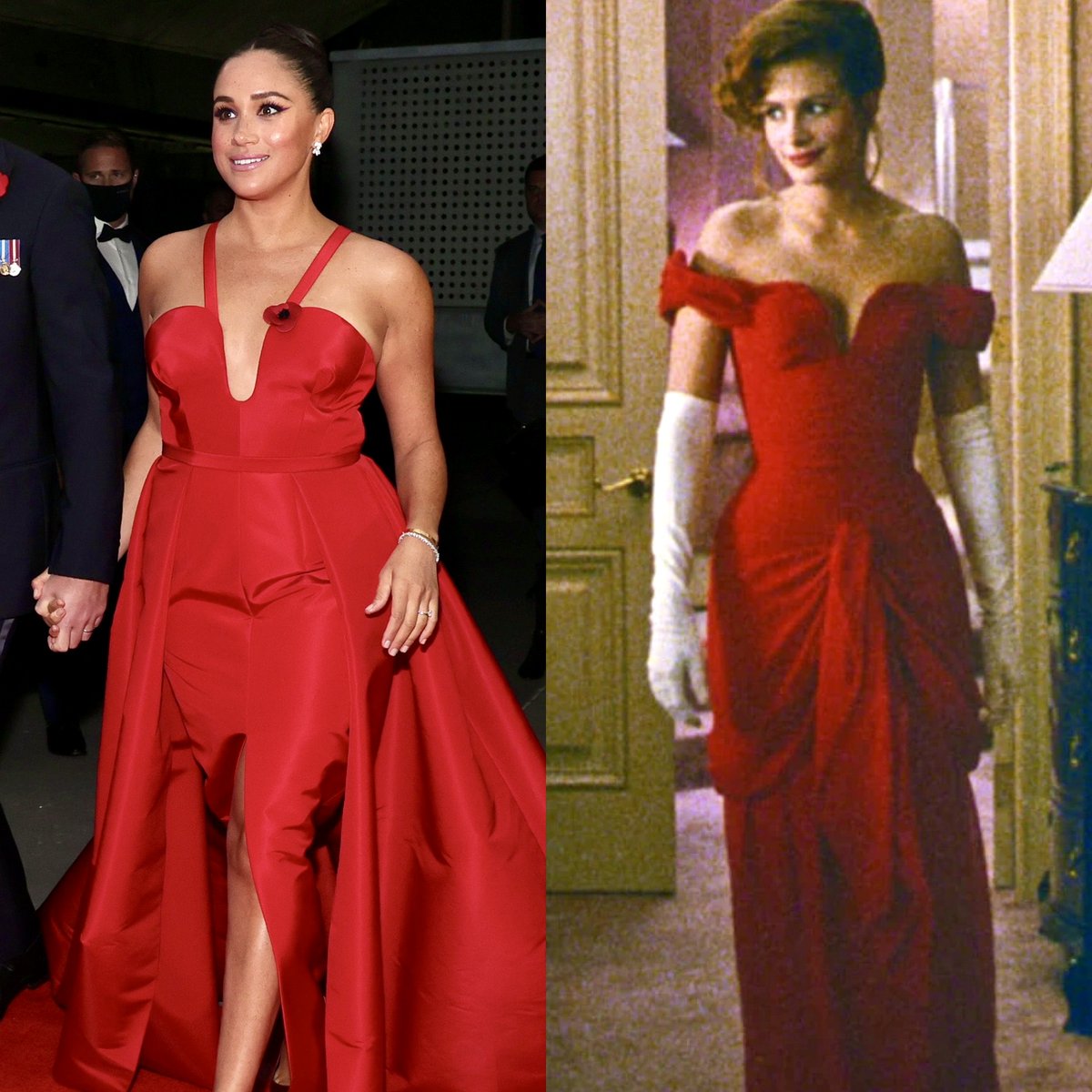 JodelMikel's tweet image. OMGosh I am sure I&apos;m late to the party here, just realized neckline on this #PrettyWoman dress is strikingly similar the the disastrous gown #MeghanMarkleIsAGrifter had made! It&apos;s widely known she fancies herself a &quot;Julia Roberts&quot;; I&apos;m cringing! #DIYFails #RedDress #PrettyWoman
