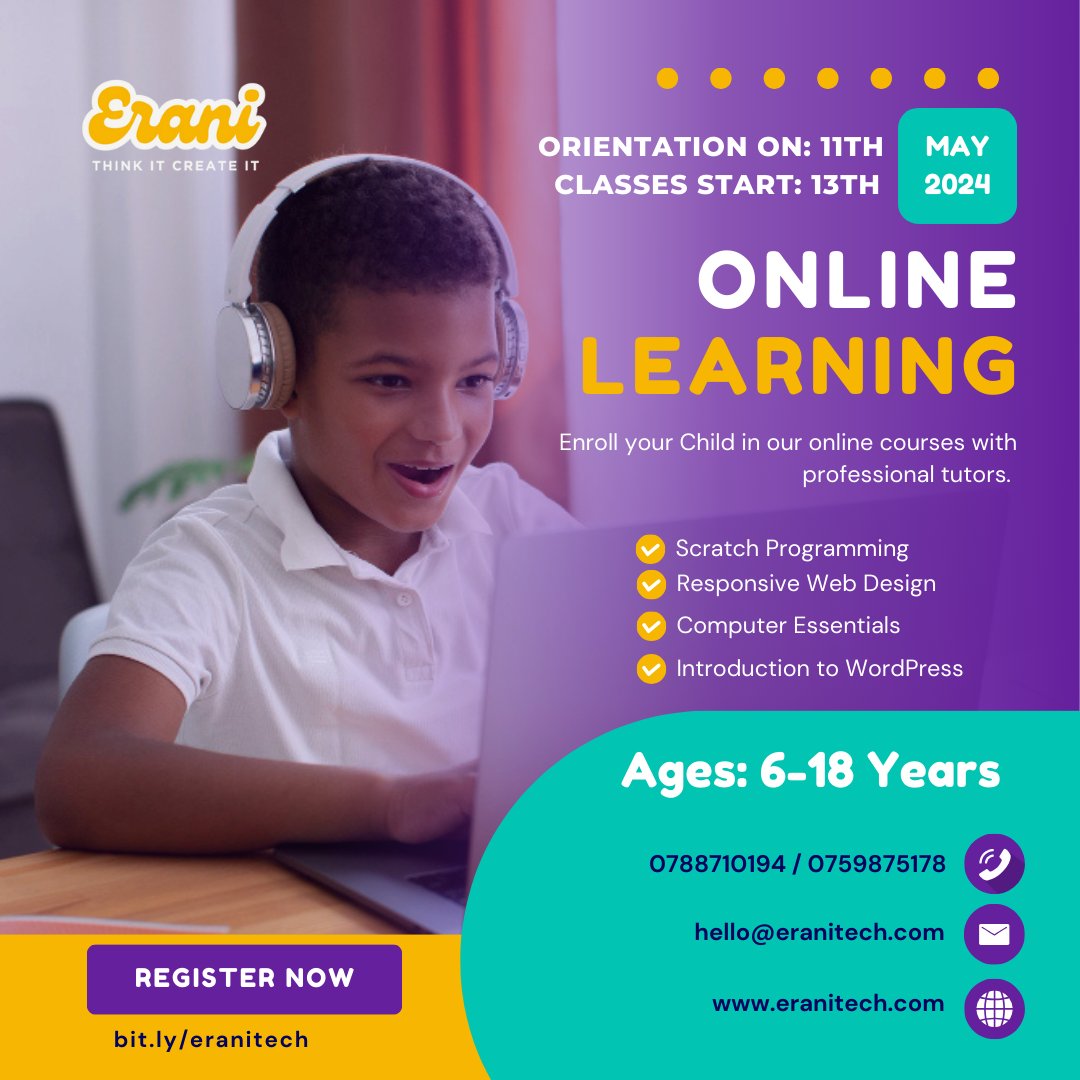 EraniTech's tweet photo. Enroll your child for an impactful online course this holiday, Sign up here https://t.co/Sod38HYlFd
#onlinelearning #kidsintech #computer #ICT #webdesign #coding #technology https://t.co/1nyVUiOnHs