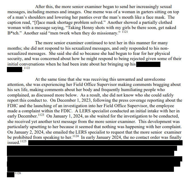 Some particularly harrowing examples in the FDIC report, including an account by Witness 605, a female employee, of six years of sexual harassment that bordered on stalking. This is all one person's experience: fdic.gov/sites/default/…