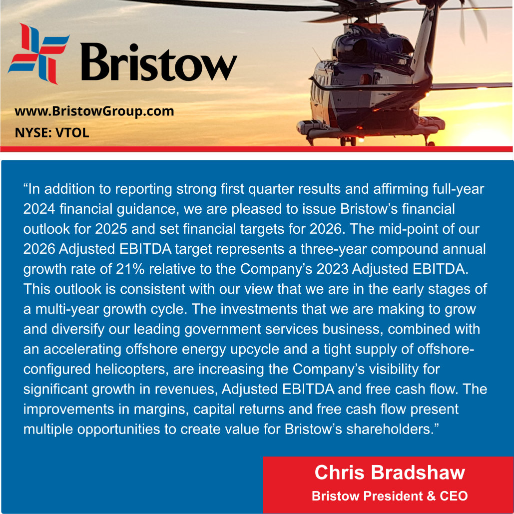 Bristow has released its 1Q 2024 earnings and selected financial outlook for 2025 and 2026 here: bristowgroup.com/news-media/pre…. Bristow has scheduled a conference call for tomorrow, Wednesday, May 8, 2024, at 10 am ET (9 am CT). Investors may participate by using the following link,…