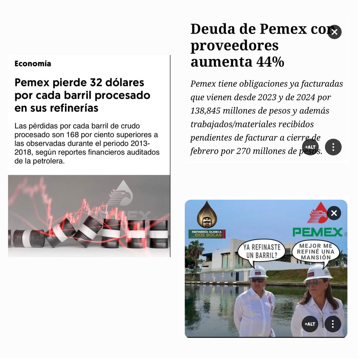 PEMEX esta más endeudado que Nunca y pierde 32 dólares por cada barril procesado en sus refinerías por eso la gasolina cada vez está más cara 
#NarcoPresidenteAMLO55 
#MorenaEsUnPeligroParaMexico