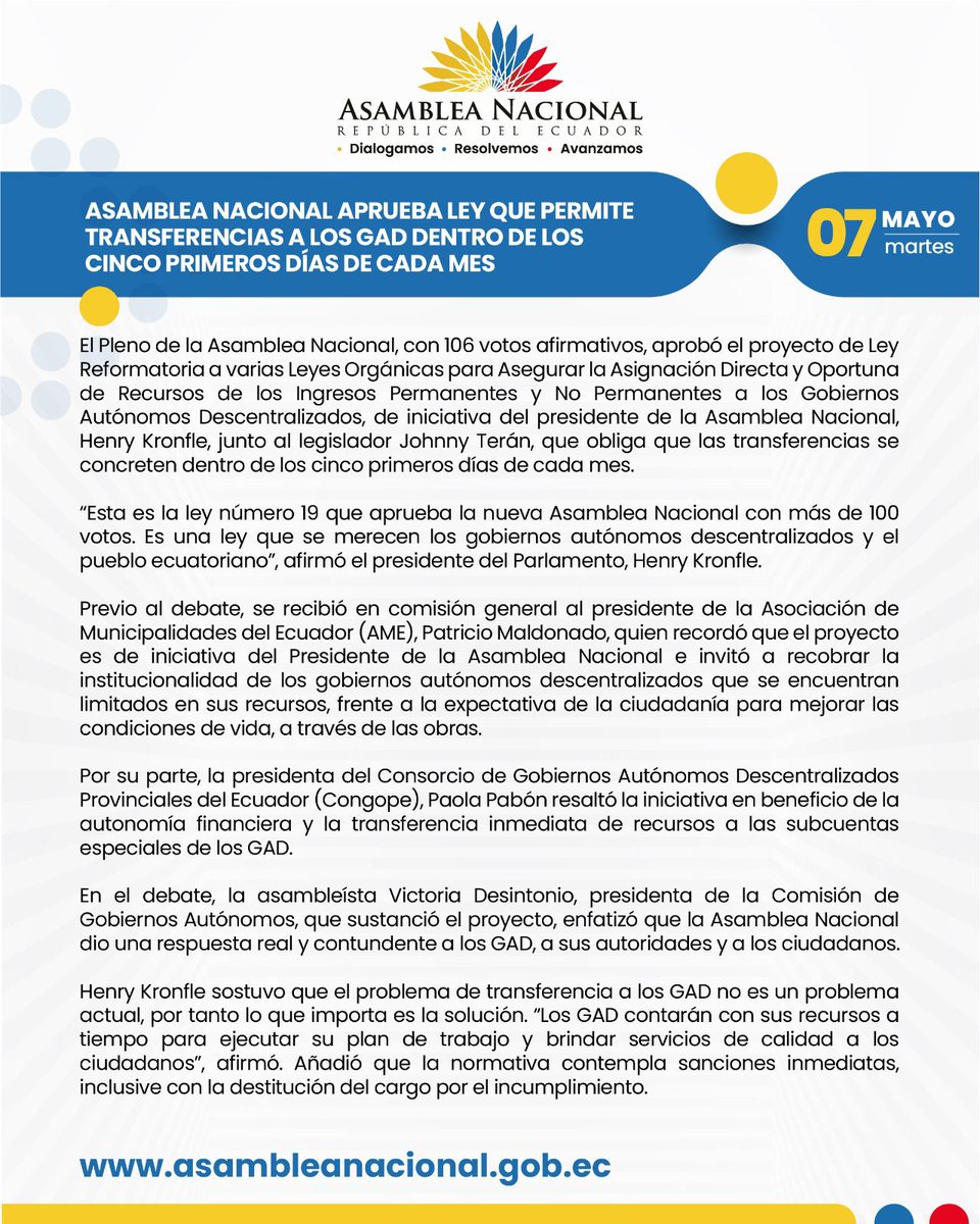 🔴#ATENCIÓN | Con 106 votos a favor, la @AsambleaEcuador aprobó las reformas a la ley para asegurar la asignación directa de recursos permanentes y no permanentes a los GAD. Dichas transferencias deberán completarse en los cinco primeros días de cada mes.