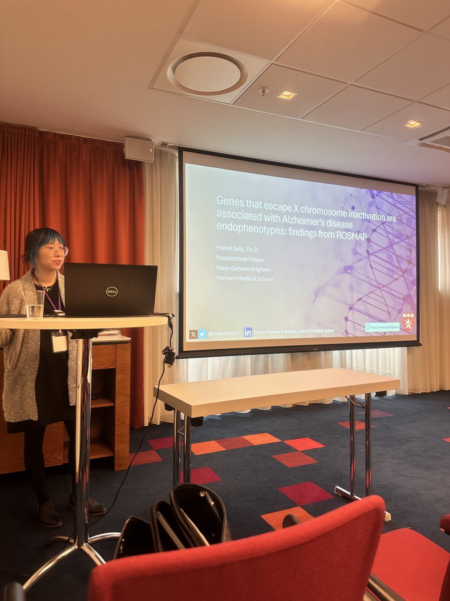 SWHR's tweet image. Mabel Seto, PhD, @mabelseto1 from the Dept of Neurology at Mass General Hospital @MGHNeurology presents her research on “Genes that Escape X Chromosome Inactivation are Associated with Alzheimer’s Disease Endophenotypes: Findings from ROSMAP.” #SWHRtalksAlzheimers #OSSD2024
