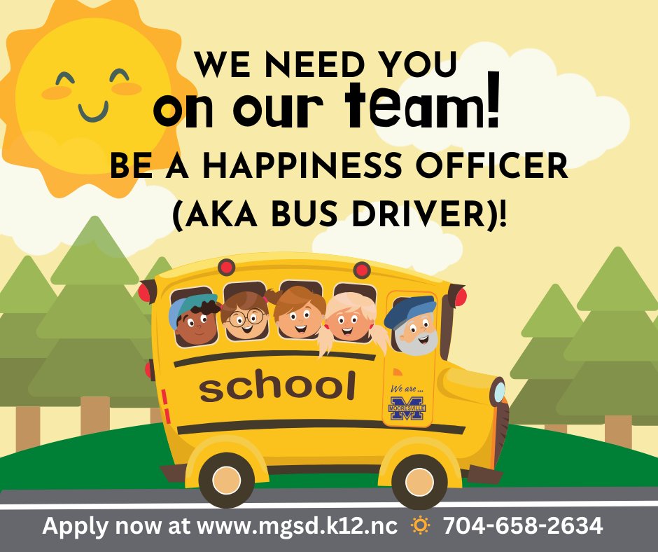 Think you've got what it takes to drive happiness throughout our district? Buckle up and hit the gas pedal on your application!
Apply now:  mgsd.tedk12.com/hire/ViewJob.a….
Question? Call 704-658-2634.
#BusDriver (aka Happiness Officer)
#EducationJobs
#RecruitGrowRetain
#WeAreMOORESVILLE