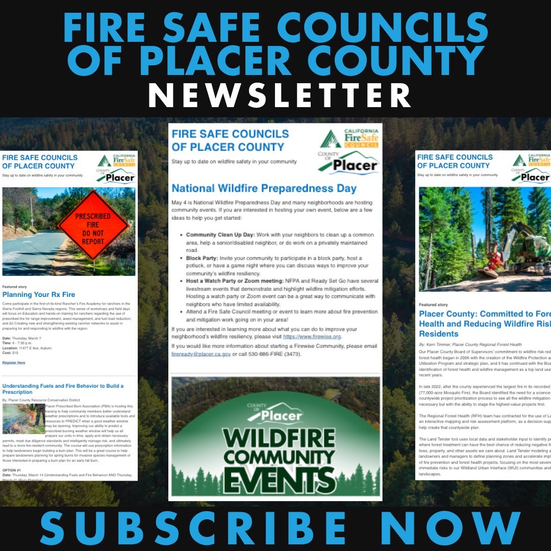 Stay informed about fire prevention and safety. Read the new Fire Safe Councils of Placer County newsletter - and be sure to subscribe for future editions. Subscribe now: ayr.app/l/qd4P #PlacerCounty