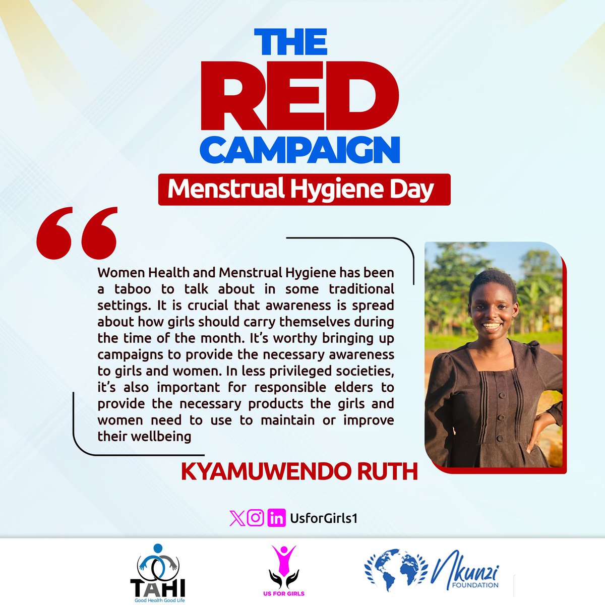 #RedCampaign

For so long, women and menstrual health issues have been taboo to discuss in most of our societies and @RuthKyamuwendo implores us all to increase awareness around periods & also involve leaders to  provide the necessary period products girls need.
#EndPeriodPoverty