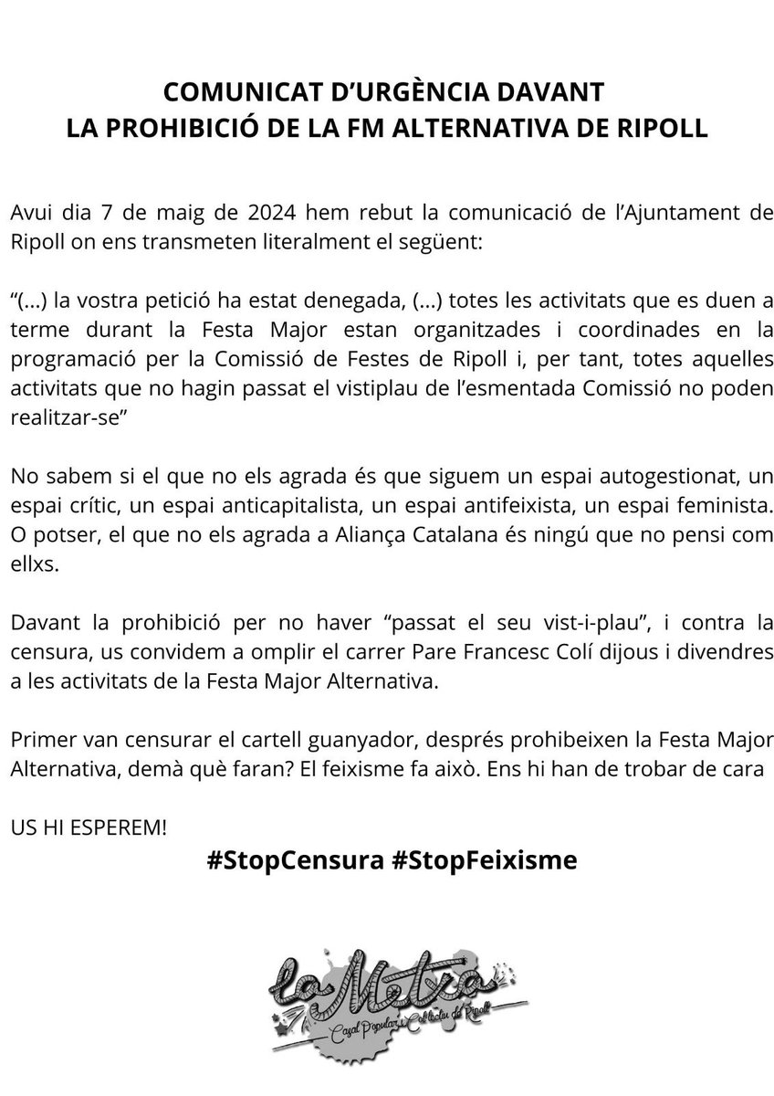 Comunicat d’urgència davant la prohibició de la FM Alternativa de #Ripoll 👉🏼Contra la censura fem una crida a omplir el carrer Pare Francesc Colí dijous i divendres als acte programats pel Casal! #StopCensura