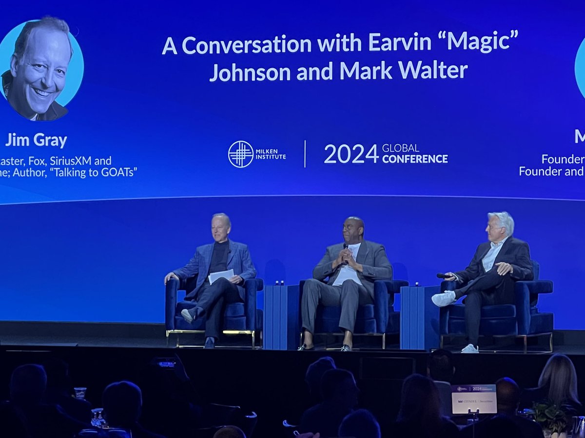 .@JimGrayOfficial asked @MagicJohnson about the keys to his business success? “I had to kick ass on the court first!” At @MilkenInstitute, Magic says early on, he called up @Lakers season ticket holders and asked them to lunch to learn business.