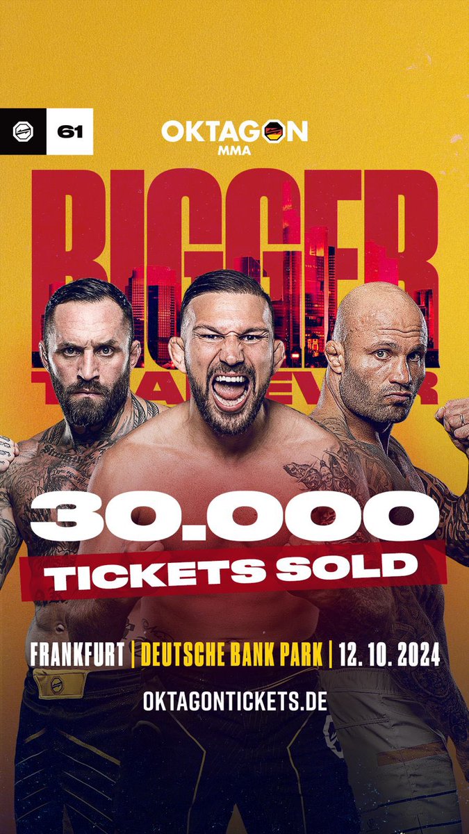 🤯 BIGGER THAN EVER 🤯 We have already sold 3️⃣0️⃣,0️⃣0️⃣0️⃣ tickets for OKTAGON 61 inside Deutsche Bank Park football stadium in Frankfurt. Will you be there for one of the biggest MMA events of all time? 🫵🏻 Be part of history on October 12👇🏼 🎫 oktagonmma.com/en/events/okta…