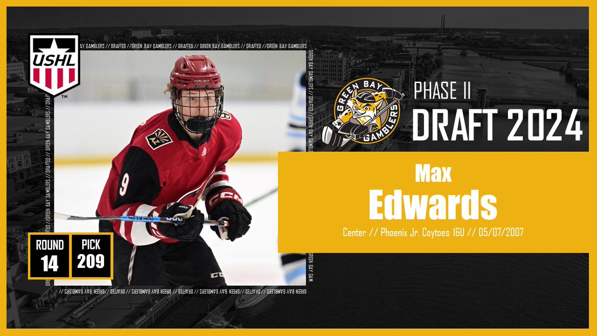 Gamblers take Max Edwards in the 14th round, from the Phoenix Jr. Coyotes 16U team. #GoGamblers