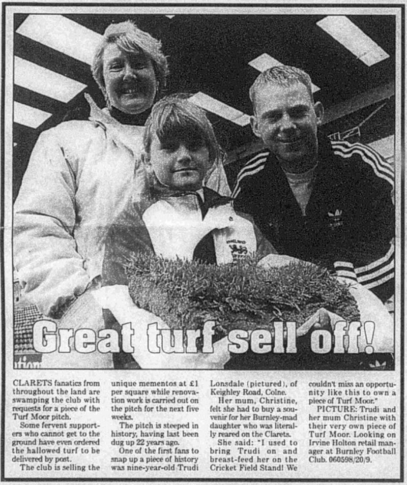 🗓️ #OnThisDay 08.05.1998 1997/98 ended with survival at Turf Moor (just!) The Burnley Express reported that you could buy a piece of the pitch for just £1, as it was being dug up Are you Trudi (or mum?) Did you buy some? Has any of it survived to this day? #BurnleyFC #Clarets