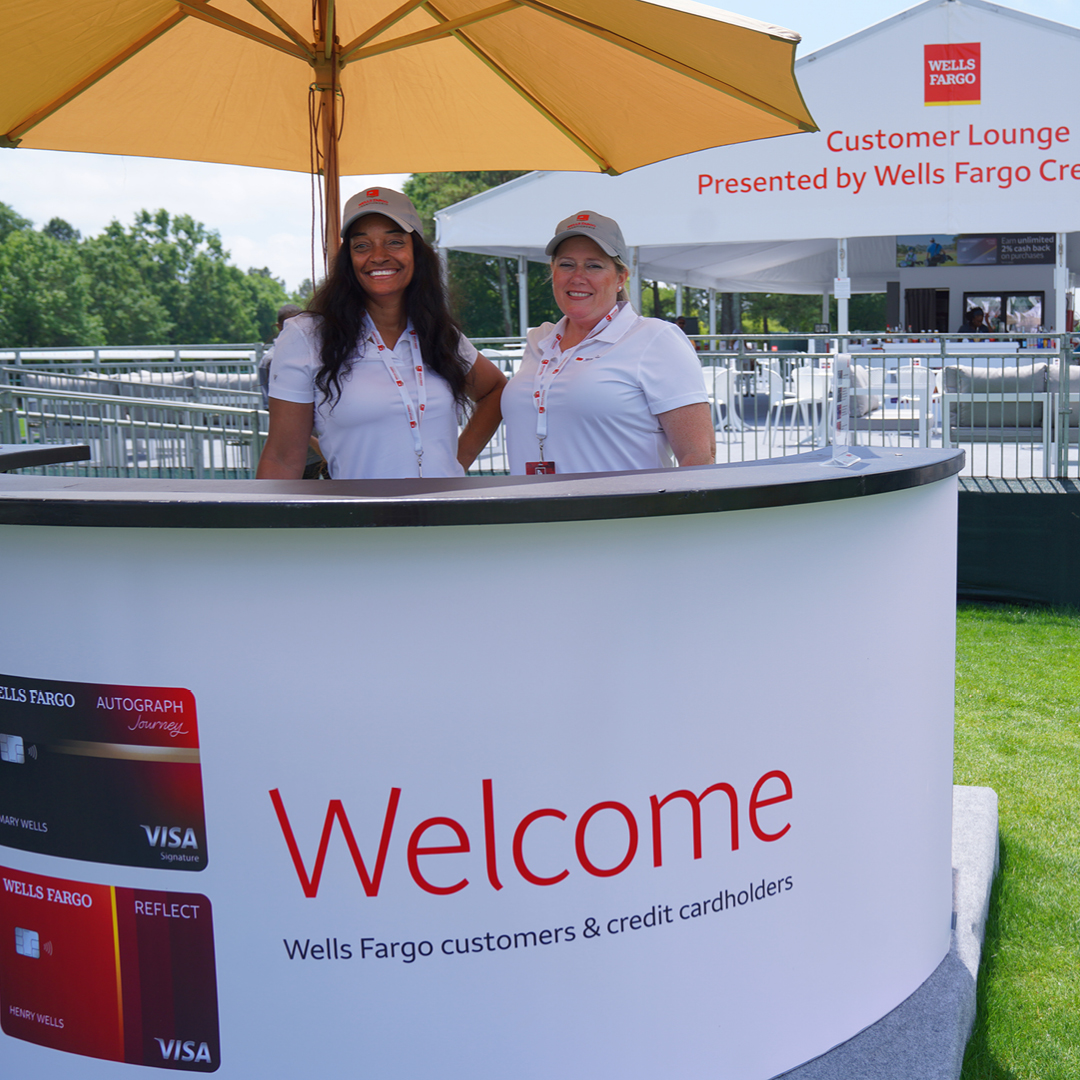 This week at the Wells Fargo Championship our customers can head to the Customer Lounge Presented by Wells Fargo Credit Cards to enjoy snacks, refreshments, and a great view of the 1st tee and 9th green. See you there!
