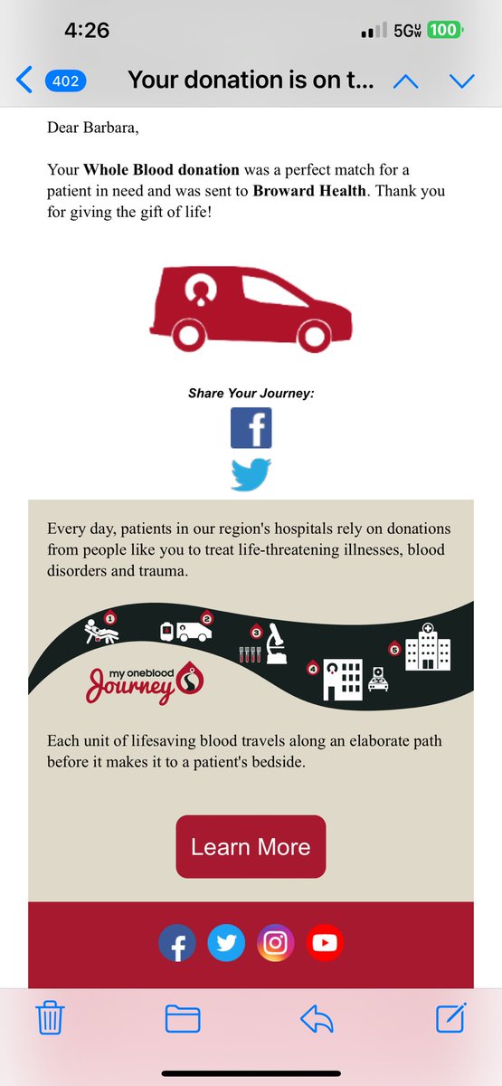 My blood donation just arrived at the hospital to help a patient! #GiveBlood and learn which hospital receives your donation through My OneBlood Journey. @my1blood oneblood.org/journey/