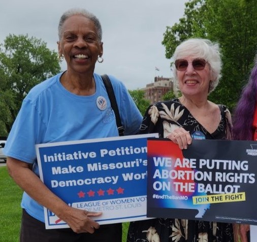 LWVSTL Co-President Joan Hubbard talks with state President Marilyn McLeod while in Jeff City Friday. The reproductive freedom petition submitted a record number of signatures, with support from voters in every Missouri county! #endtheban
