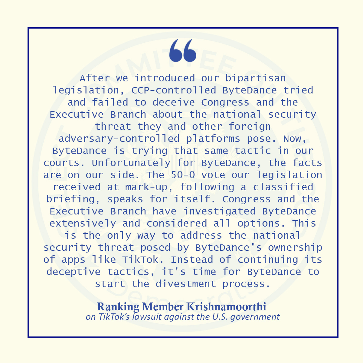 Statement from @CongressmanRaja on @tiktok_us suing the U.S. federal government to block the Protecting Americans from Foreign Adversary Controlled Applications Act: