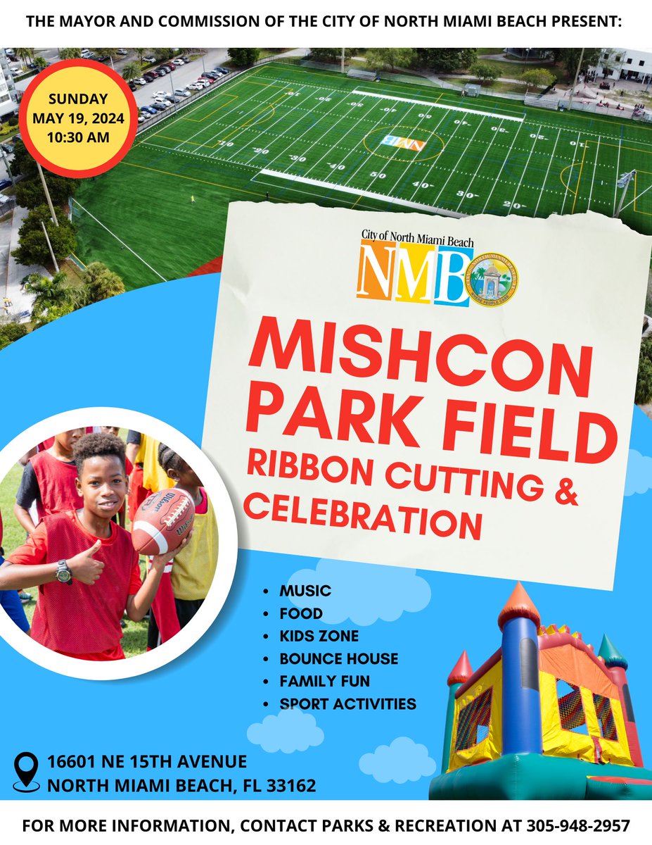 Join us for the Mishcon Park Field Ribbon Cutting & Celebration on Sunday, May 19 at 10:30 am!  Enjoy music, foods, a kids' zone, bounce house, and family fun, and sport activities. Don't miss out on this exciting event! See you there! #MishconParkOpening #CommunityCelebration