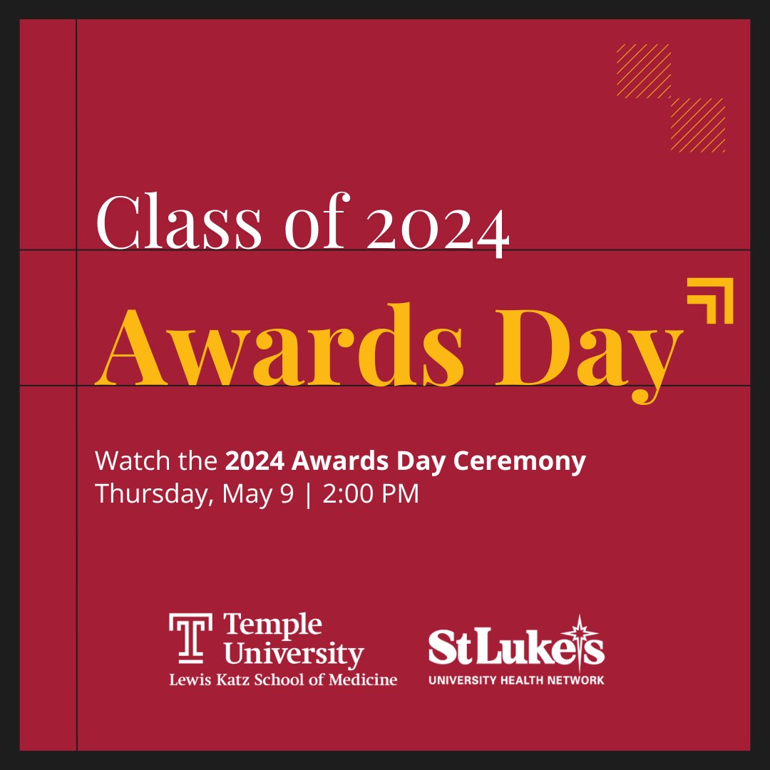 Join us in celebrating the exceptional academic achievements and outstanding contributions of the #TempleMed and @mystlukes Class of 2024 and faculty on Thursday, May 9 from 2 to 4 PM! Tune in to the livestream at youtube.com/watch?v=SC04zM…