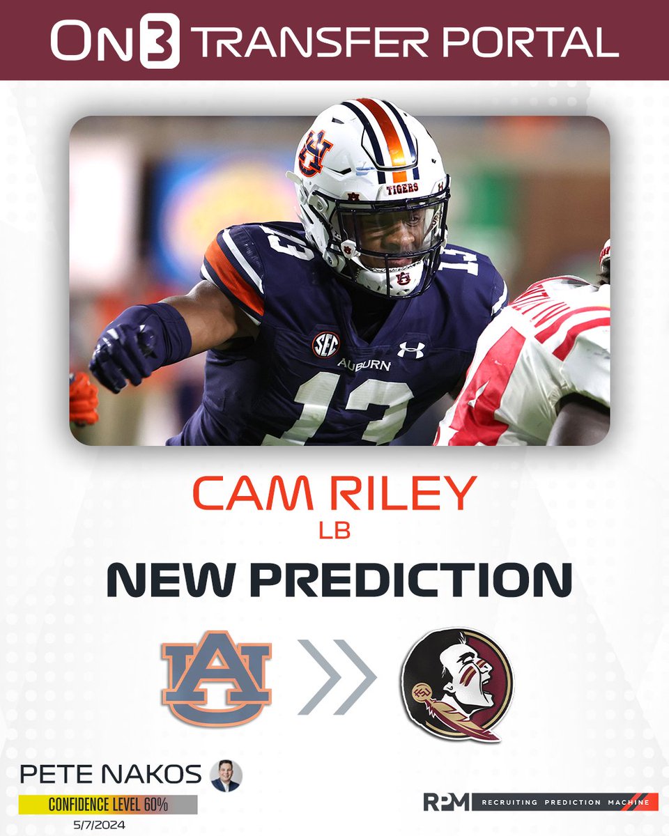 NEW: Auburn transfer LB Cam Riley has received an expert prediction to land at Florida State from On3's @PeteNakos_🍢 Riley recently decommitted from NC State. on3.com/db/cam-riley-1…