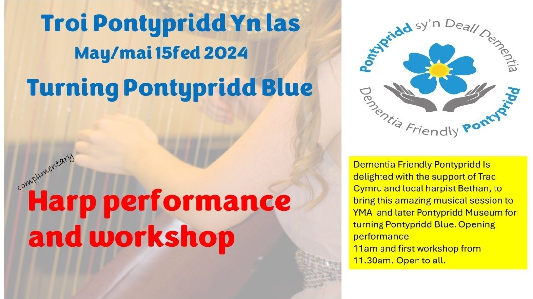 The programme of activities at @DPontypridd for Turning Pontypridd Blue is due to be released. I'm excited to say that today we confirmed a Harp performance and workshop. Therapy or try something new? the session is coming to Blue. Join us from 11 am may 15th at Yma Pontypridd.